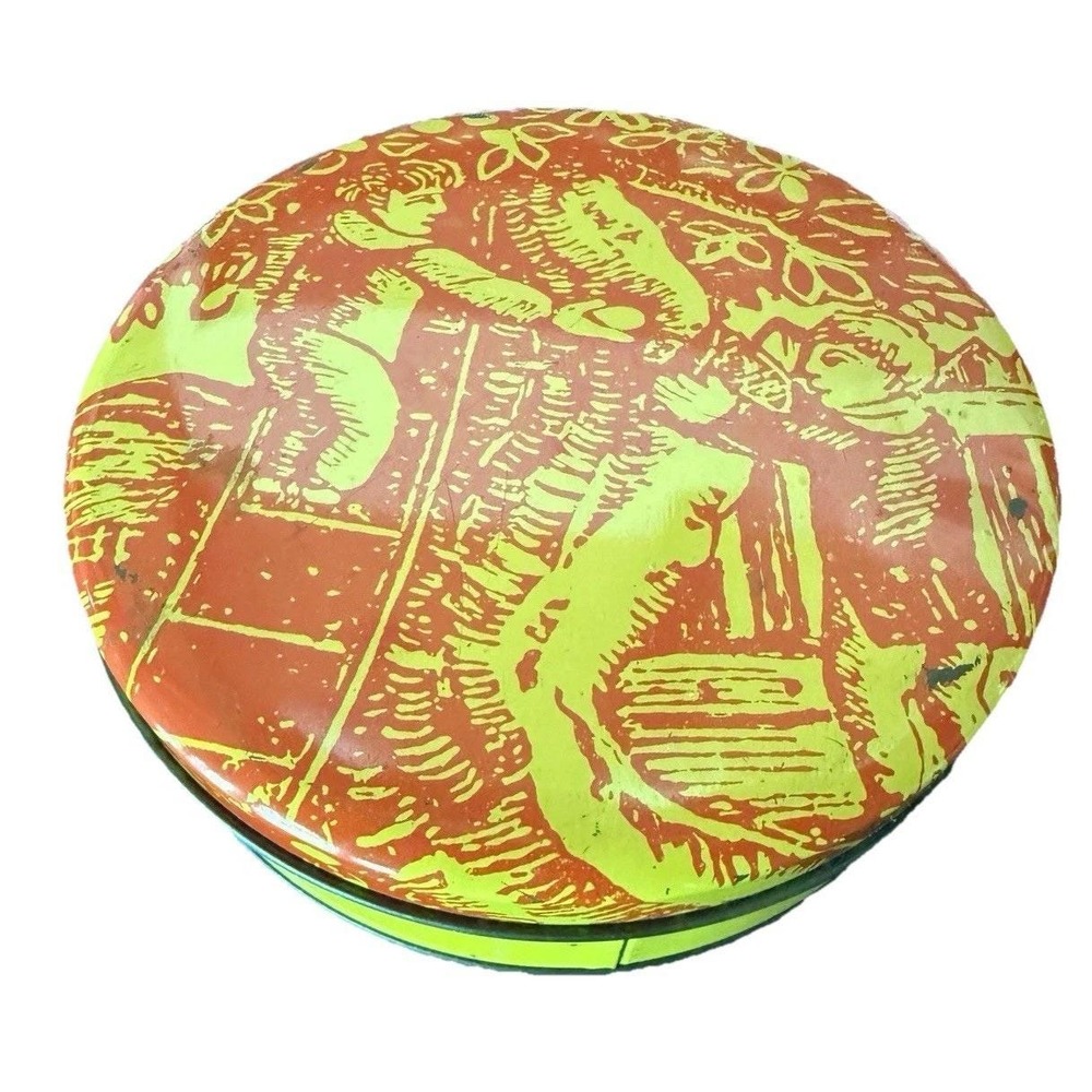 VTG Metal Red Yellow Lithographed Tin  6" Whimsical Woodcut Style Children